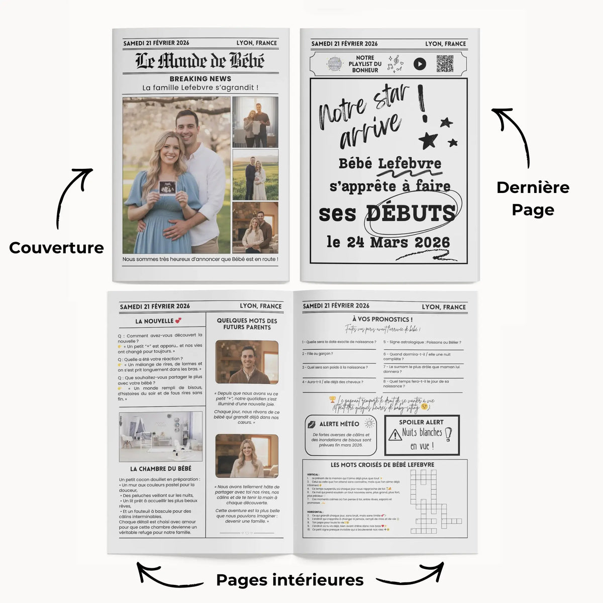 Photo qui montre les 4 pages de la gazette grossesse, un journal personnalisable.
