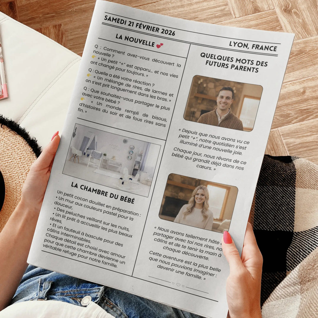 Page intérieur de la gazette révélant l'arrivée de bébé avec l'histoire des futurs parents.