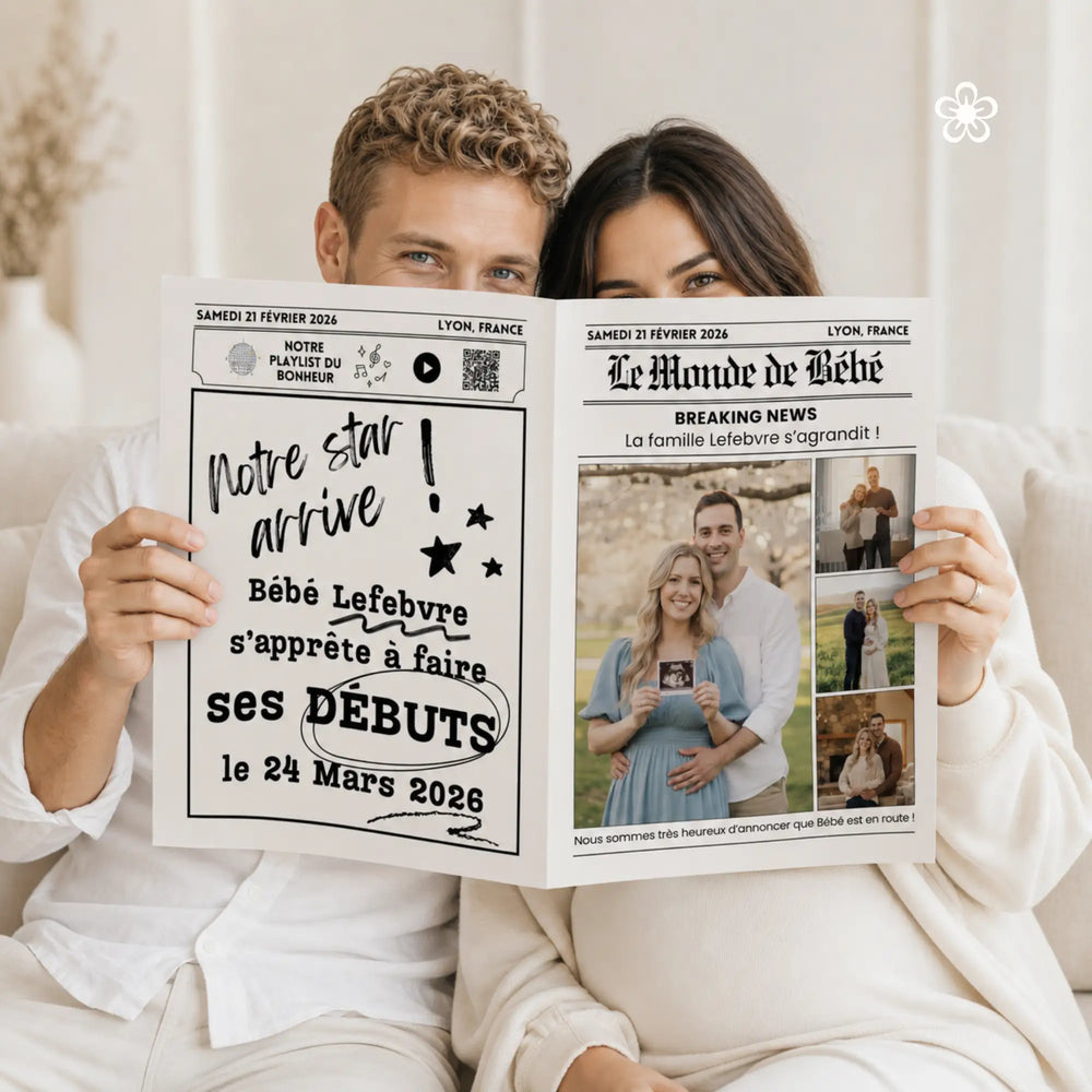 Couple tenant une gazette de révélation de grossesse, moyen moderne et original pour les réseaux sociaux, Instagram, Tik Tok.