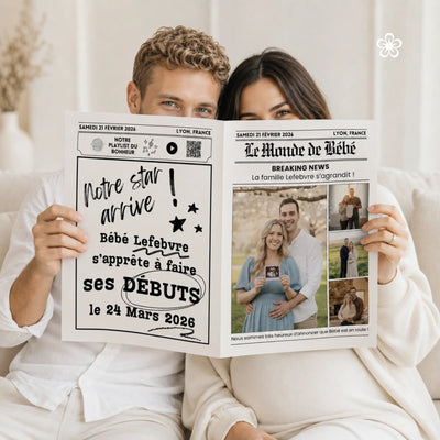 Couple tenant une gazette de révélation de grossesse, moyen moderne et original pour les réseaux sociaux, Instagram, Tik Tok.