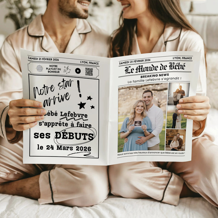 Couple tenant une gazette de révélation de grossesse, moyen moderne et original pour les réseaux sociaux, Instagram, Tik Tok.