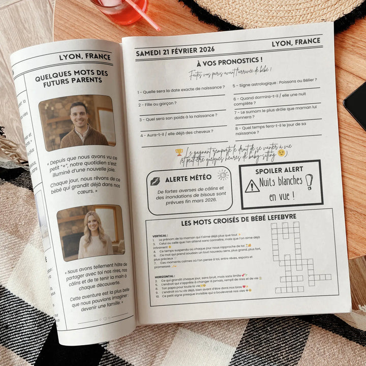 Intérieur de la gazette grossesse avec mots croisés personnalisables et pronostics pour le futur bébé.