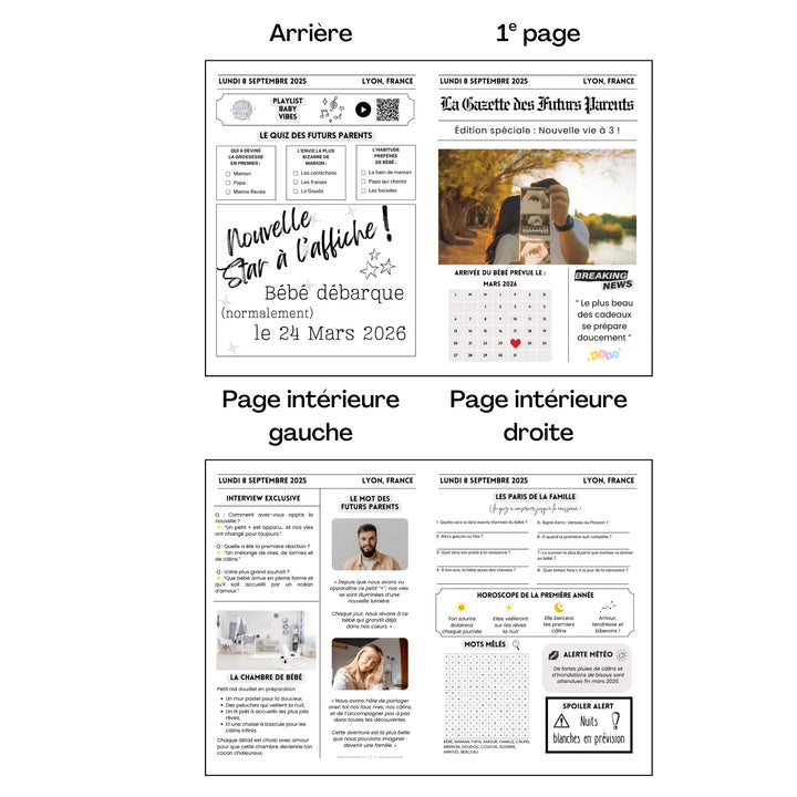 Gazette annonce naissance en version 4 pages avec quiz, horoscope, interview des parents et jeux personnalisables