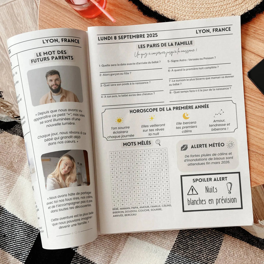 Page intérieure de gazette annonce naissance avec jeux, mots mêlés, horoscope et messages des futurs parents