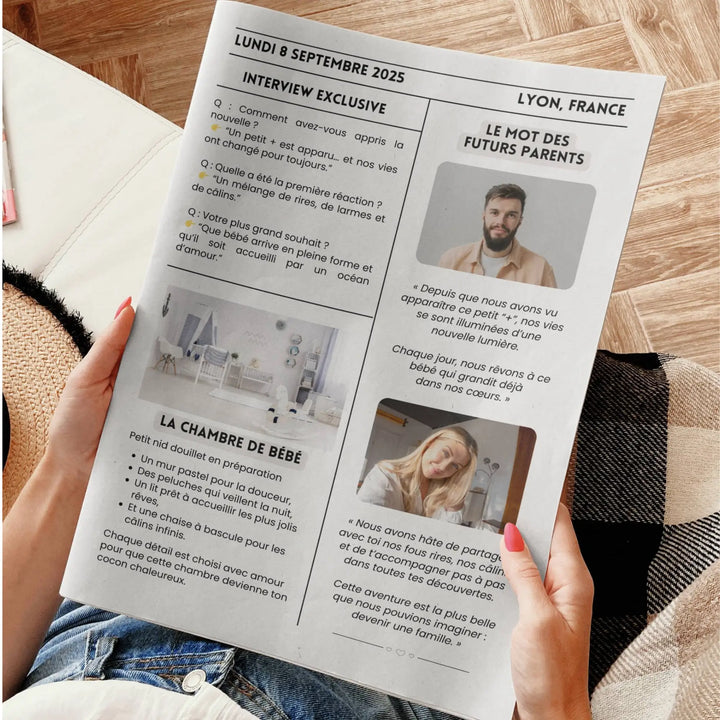 Gazette annonce naissance avec témoignages des futurs parents, interview exclusive et aperçu de la chambre de bébé