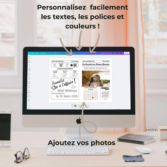 Édition naissance personnalisable sur Canva avec texte, couleurs et photos modifiables, Gazette des Futurs Parents affichée à l’écran