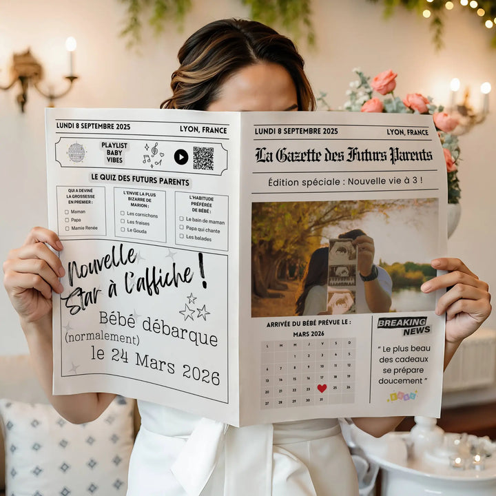 Gazette annonce naissance personnalisée avec quiz des futurs parents et date d’arrivée du bébé mise en avant