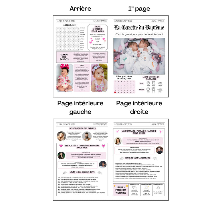 Gazette de baptême 4 pages personnalisable pour deux enfants avec jeux, portraits et messages des parents