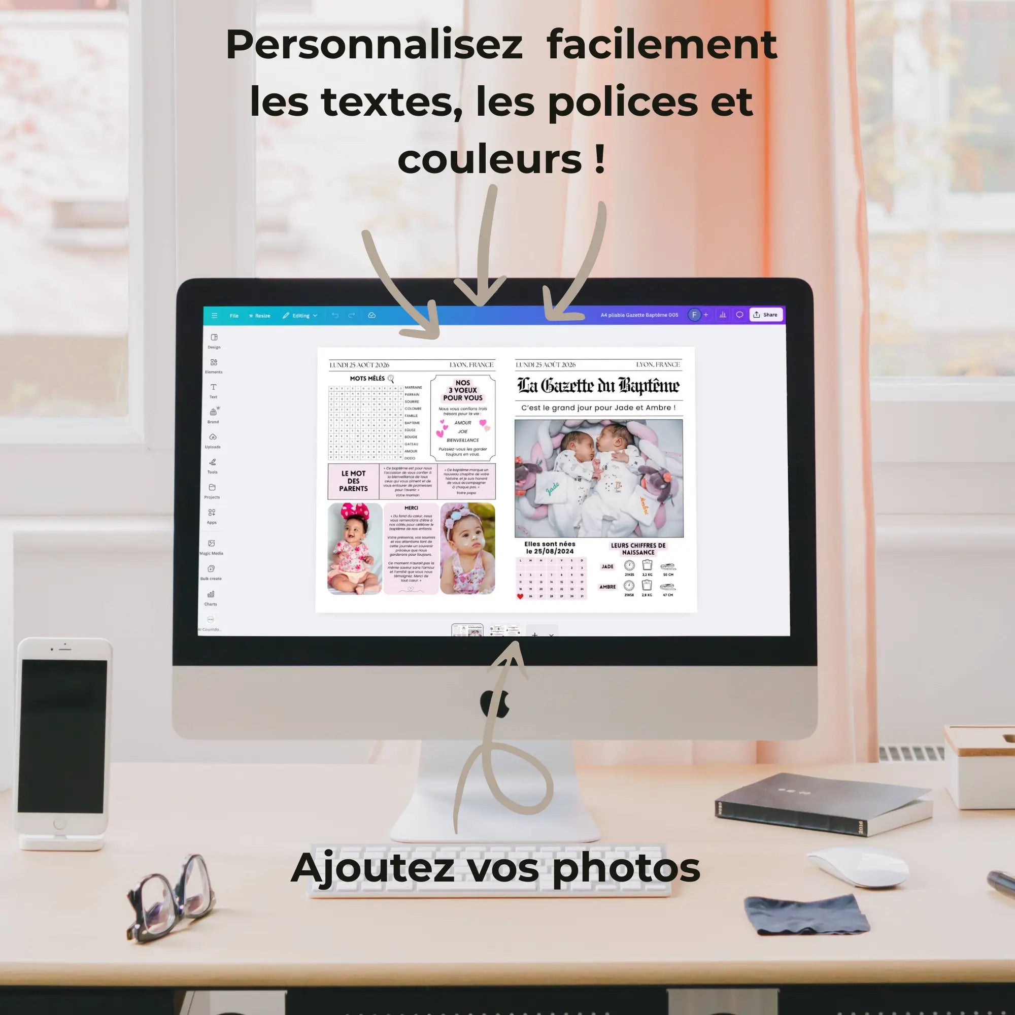Gazette de baptême personnalisable sur Canva avec textes, photos et jeux pour célébrer deux enfants