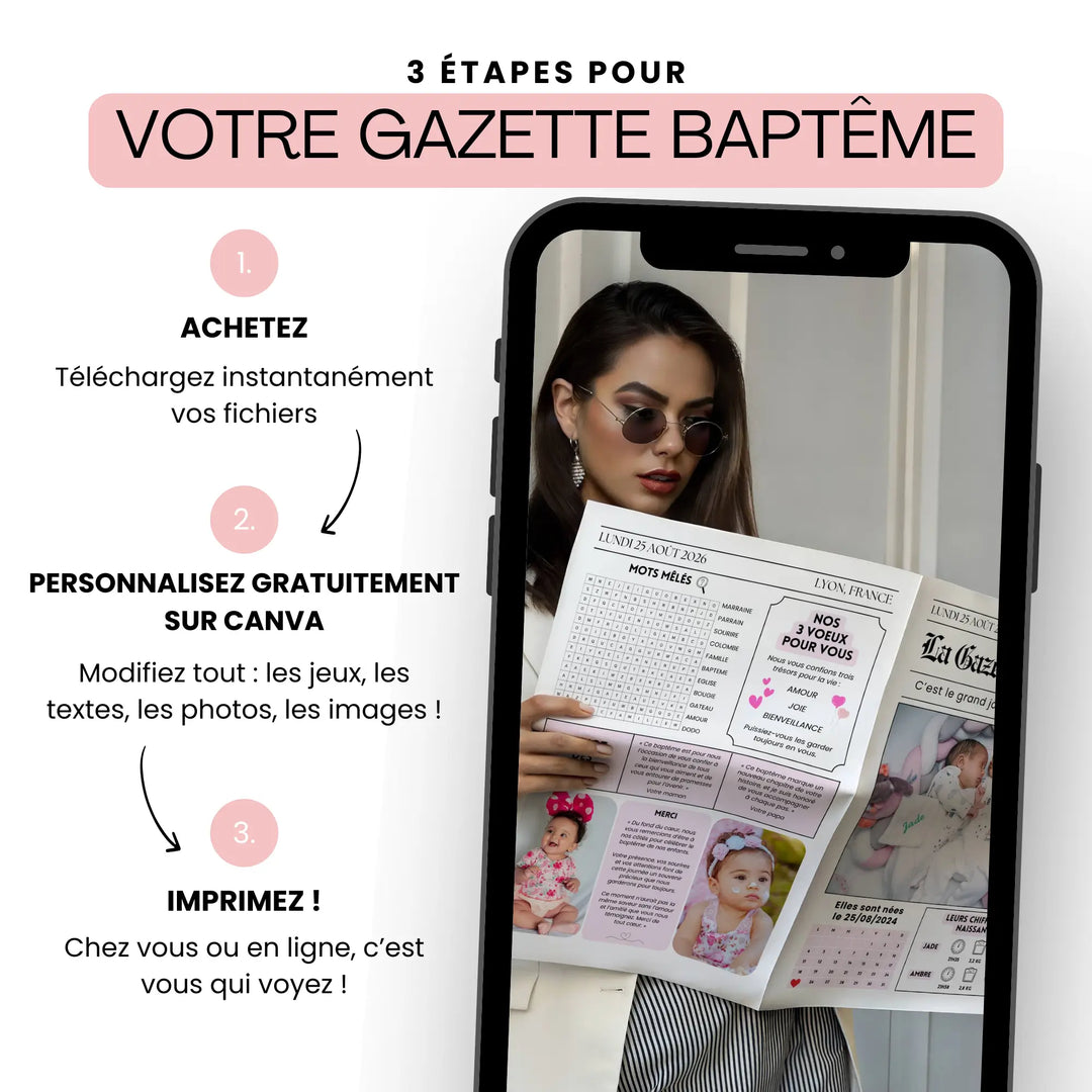 3 étapes pour personnaliser une gazette baptême sur Canva avec jeux, photos et textes avant impression