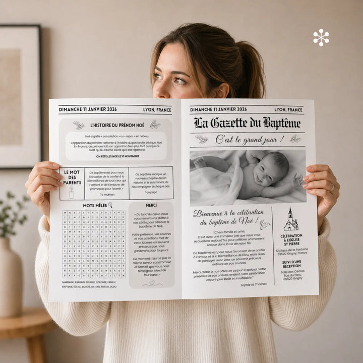 Femme tenant la gazette baptême en voir et blanc dans les mains avec programme, calendrier, jeux et remerciement.