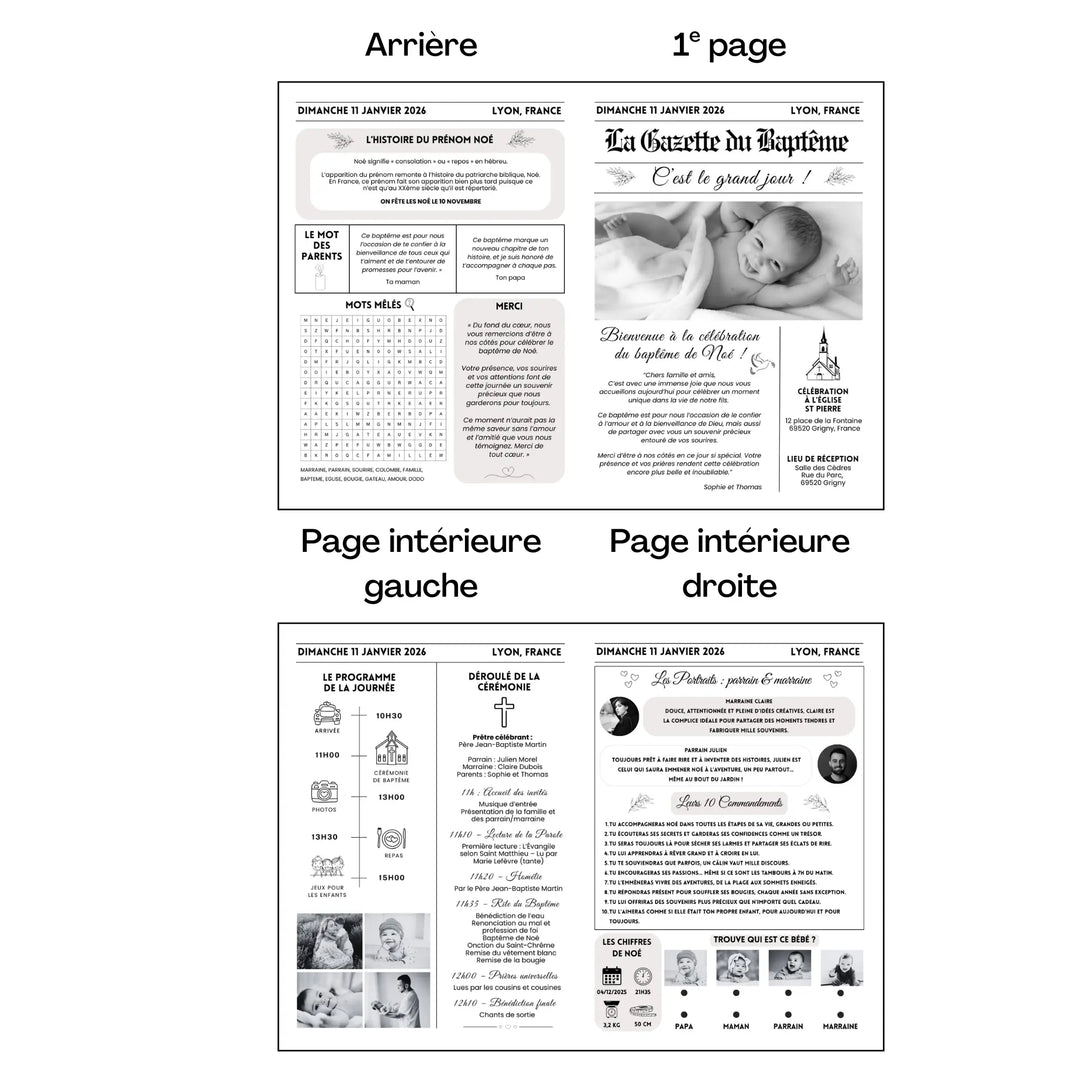 Aperçu des quatre pages d’une gazette de baptême élégante personnalisée en noir et blanc avec photo de bébé, jeux, programme de la journée et mots des parents.