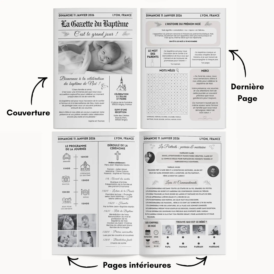 Infographie montrant les 4 pages de la gazette baptême élégante personnalisée.