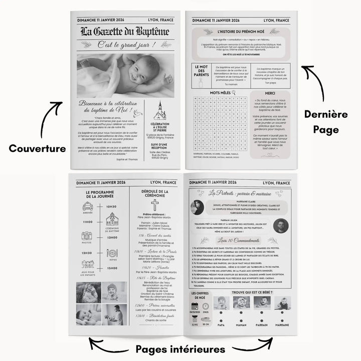 Infographie montrant les 4 pages de la gazette baptême élégante personnalisée.