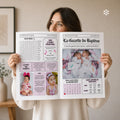 Femme tenant la gazette jumeaux baptême dans les mains avec calendrier, jeux et remerciement.