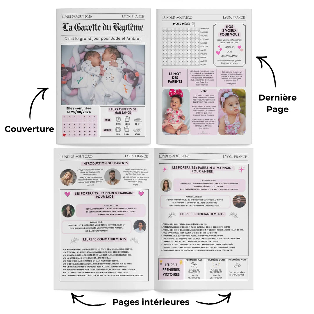 Infographie montrant les 4 pages de la gazette baptême jumeaux ou deux enfants personnalisée.