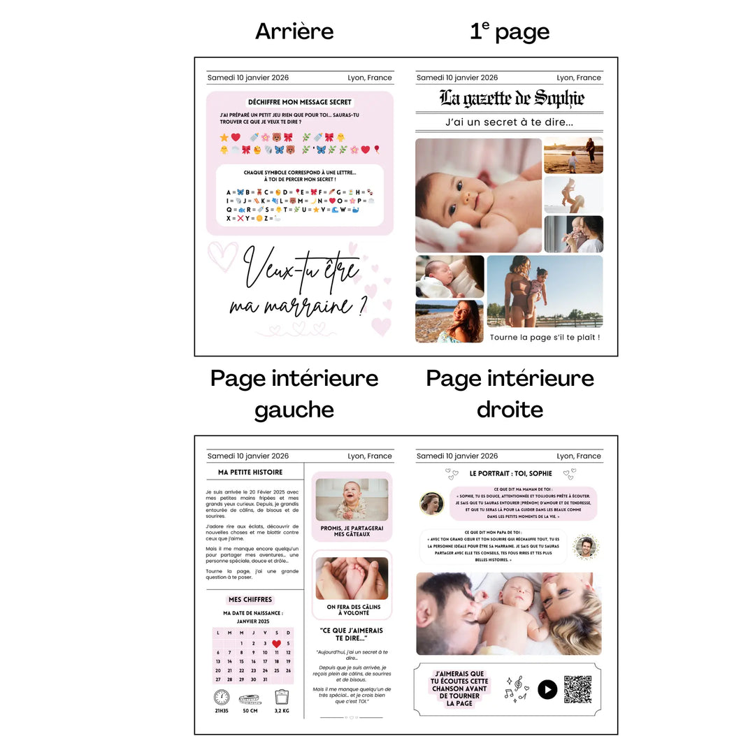 Gazette de baptême marraine personnalisée façon journal avec message secret “Veux-tu être ma marraine ?”, jeux, photos de bébé, histoire et QR code, présentée sur 4 pages.