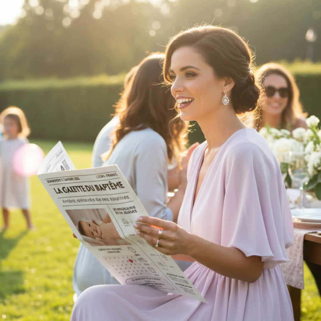 Femme lisant la gazette baptême personnalisée pour votre bébé, un cadeau invité baptême et un souvenir unique.