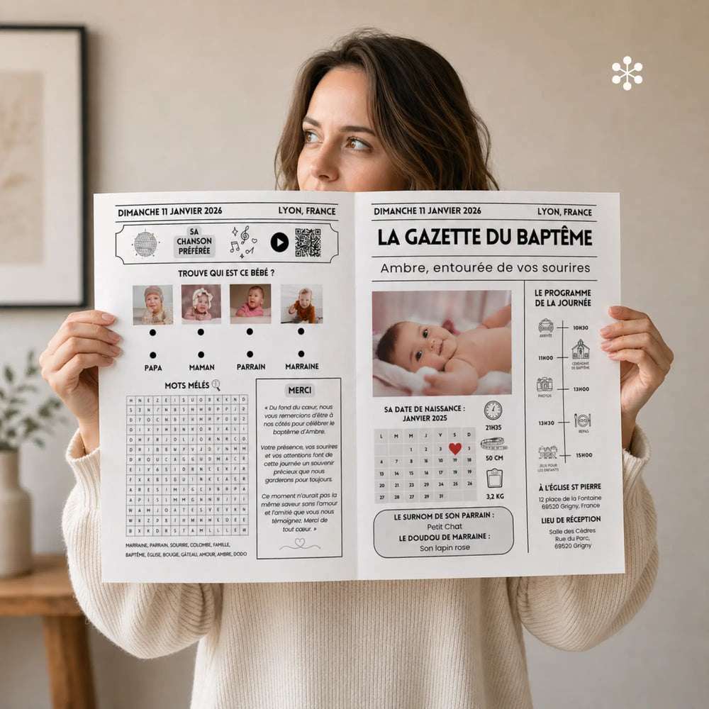 Femme tenant la gazette baptême moderne dans les mains avec programme, calendrier, qr code, jeux et remerciement.