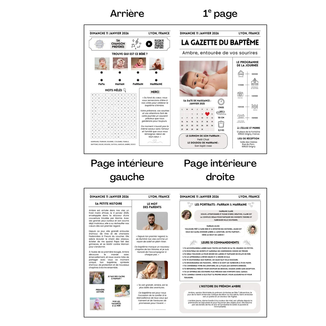 Aperçu complet d’une gazette de baptême moderne personnalisée en version 4 pages.