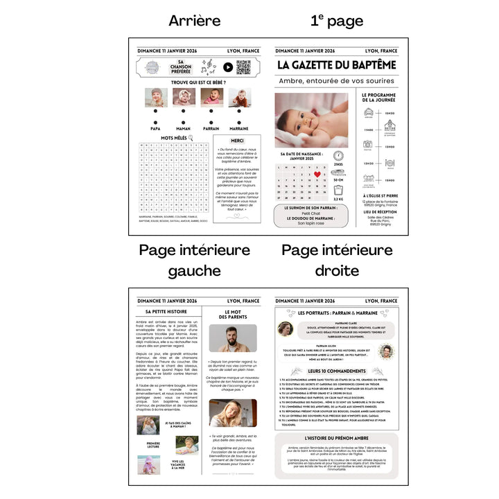 Aperçu complet d’une gazette de baptême moderne personnalisée en version 4 pages.