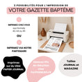 Charger l'image dans la visionneuse de la galerie, Imprimante à domicile dans un décor beige épuré en train d’imprimer une gazette de baptême moderne personnalisée
