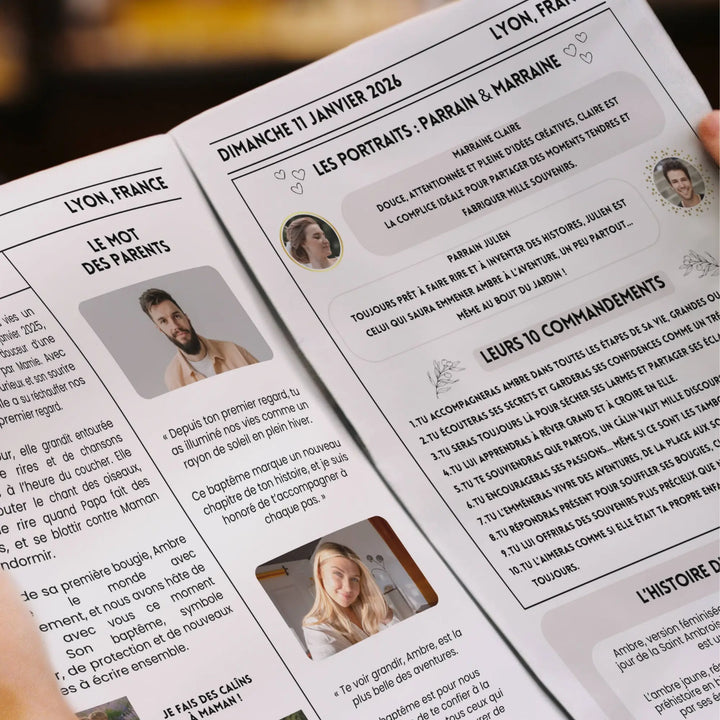 gazette baptême  personnalisée ouverte avec mot du parrain et de la marraine, un cadeau invité baptême et un souvenir unique à conserver par les proches et la famille.