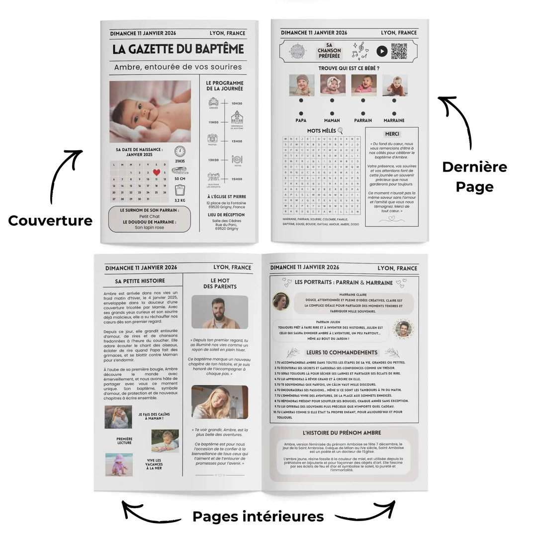 Infographie montrant les 4 pages de la gazette baptême moderne personnalisée.