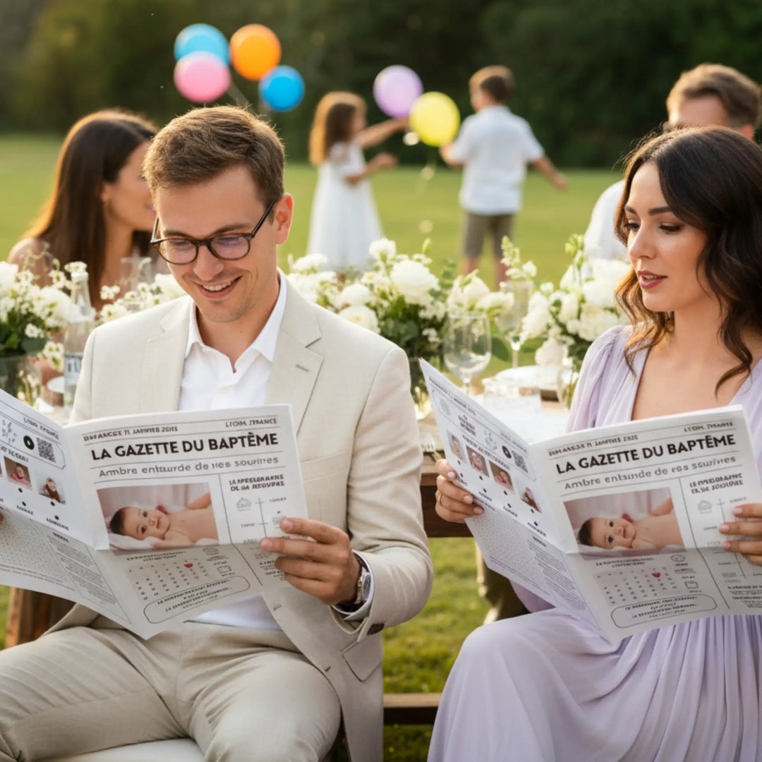 Invités baptême avec le cadeau gazette baptême, ils sont heureux et lisent le journal personnalisé pour bébé.