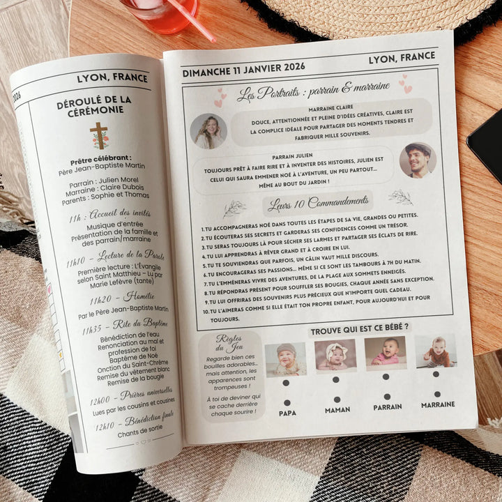 Gazette de baptême personnalisable sur Canva, avec portraits du parrain et de la marraine, jeux pour invités et mise en page élégante à imprimer pour la cérémonie.