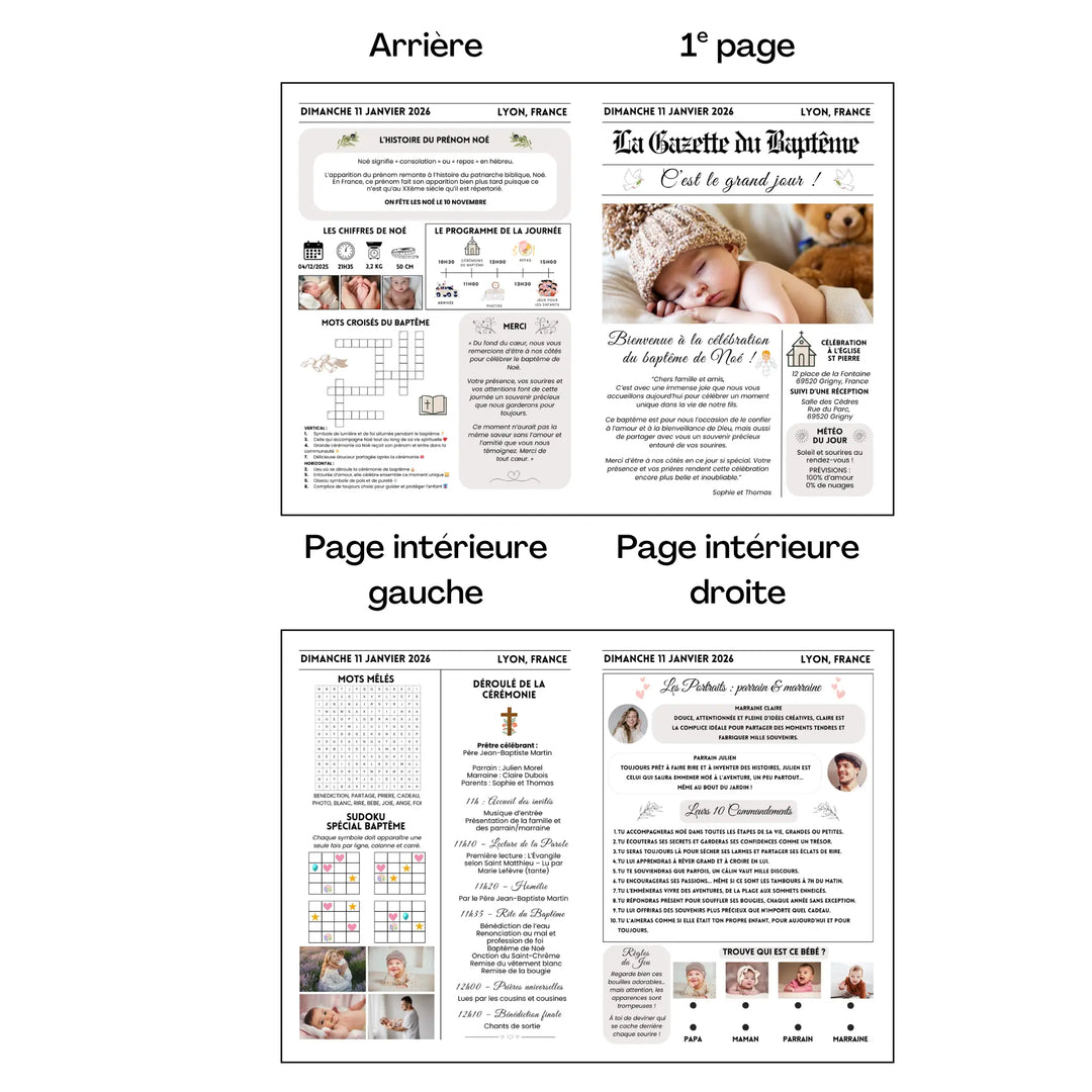 Template Canva de gazette de baptême en format journal, incluant photo du bébé, programme de la cérémonie, jeux et textes personnalisables, idéal pour offrir un cadeau aux invités.
