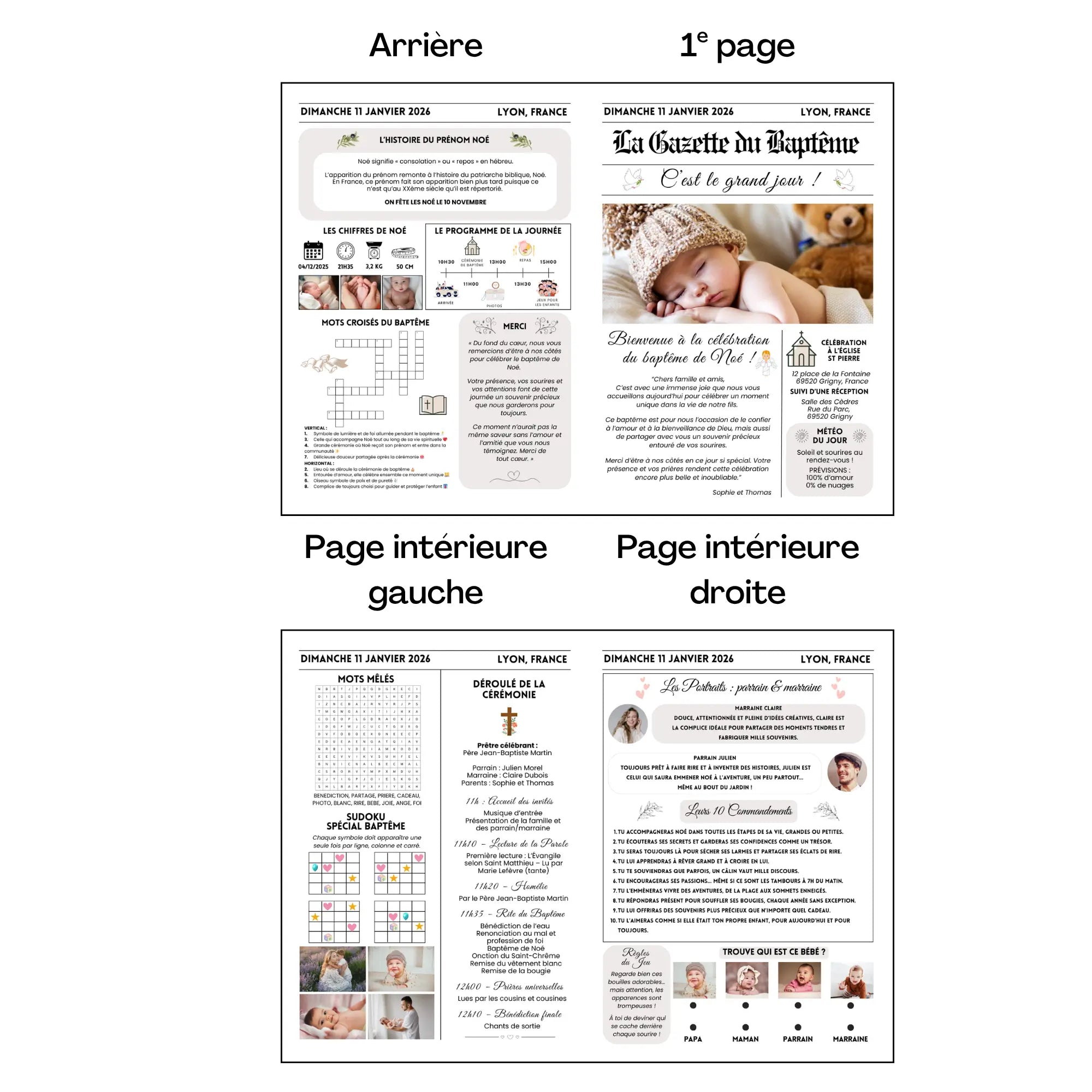 Template Canva de gazette de baptême en format journal, incluant photo du bébé, programme de la cérémonie, jeux et textes personnalisables, idéal pour offrir un cadeau aux invités.