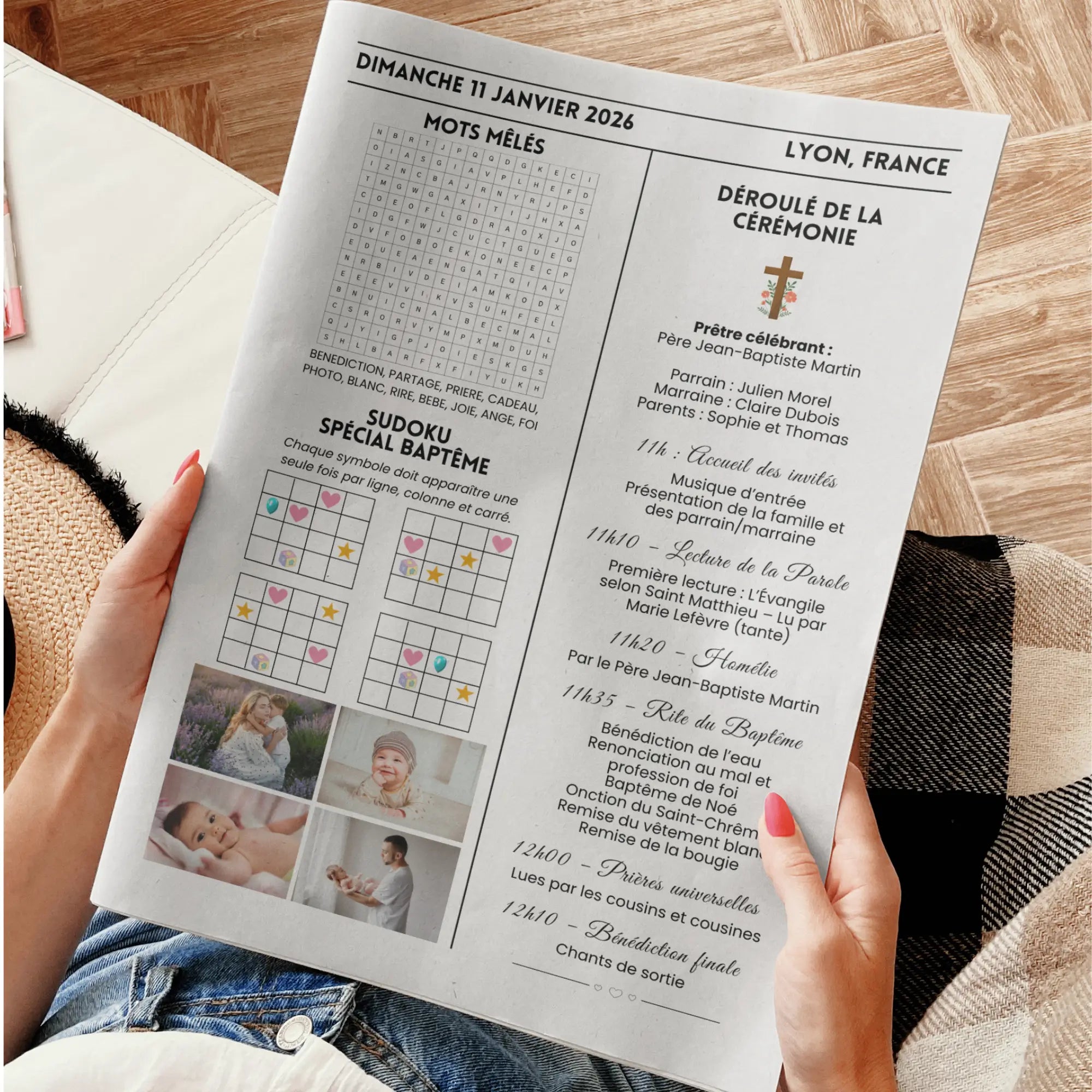 Gazette de baptême personnalisable sur Canva, avec déroulé de cérémonie, jeux et photos, idéale pour créer un souvenir original et imprimer le jour du baptême pour un garçon.