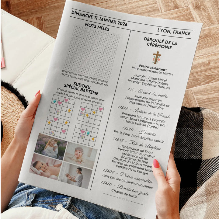 Gazette de baptême personnalisable sur Canva, avec déroulé de cérémonie, jeux et photos, idéale pour créer un souvenir original et imprimer le jour du baptême pour un garçon.