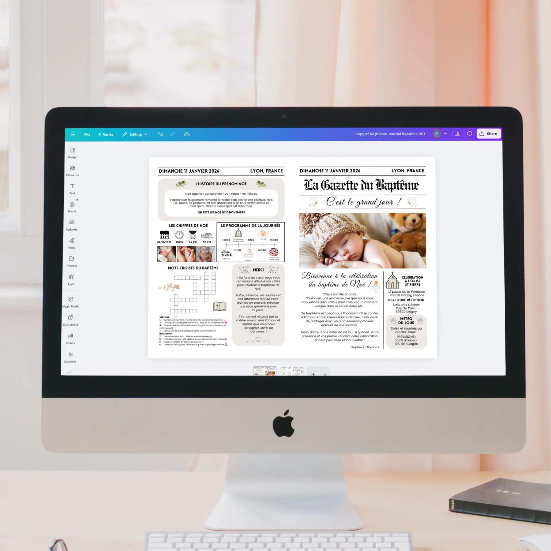 Journal de baptême en cours de personnalisation dans Canva sur ordinateur, modèle modifiable avec jeux, photos et programme de cérémonie à imprimer.