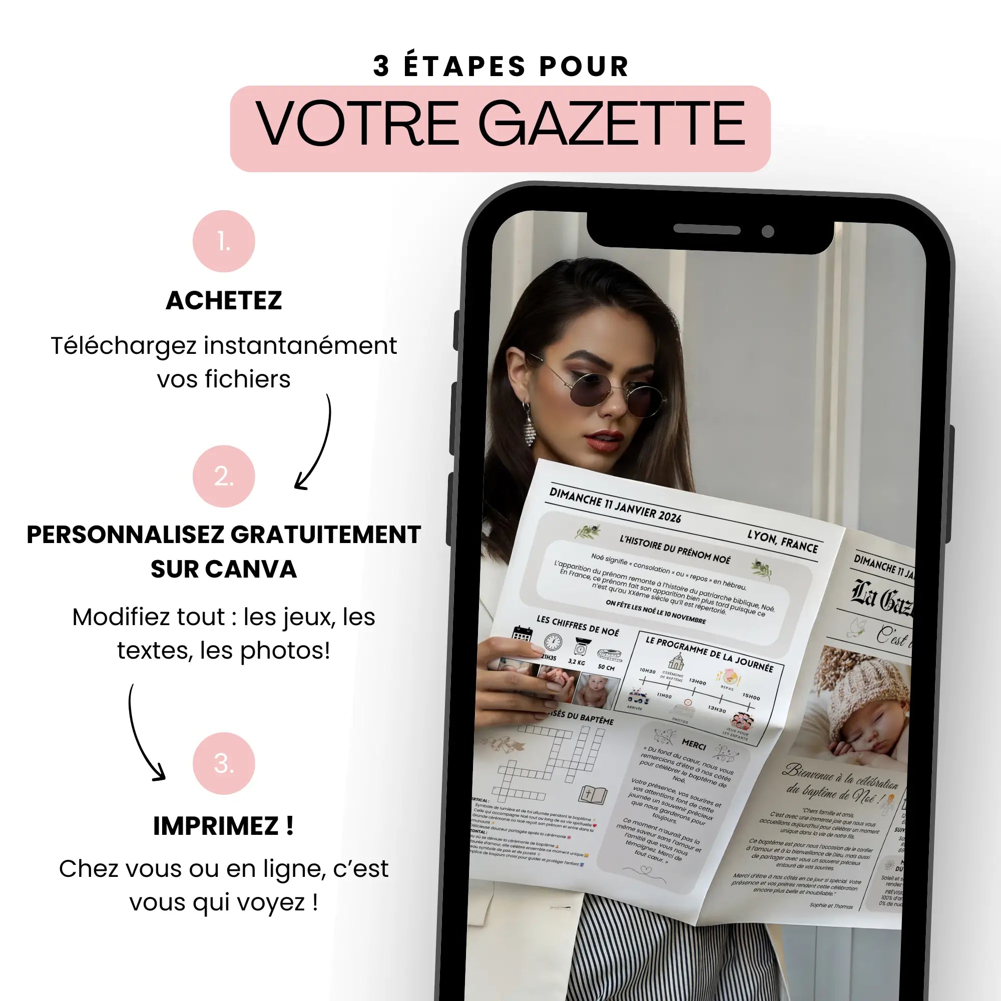 Guide en 3 étapes pour créer une gazette de baptême personnalisable sur Canva, cadeau pour invités baptême.