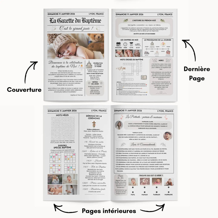 Infographie montrant les 4 pages de la gazette baptême originale personnalisée.