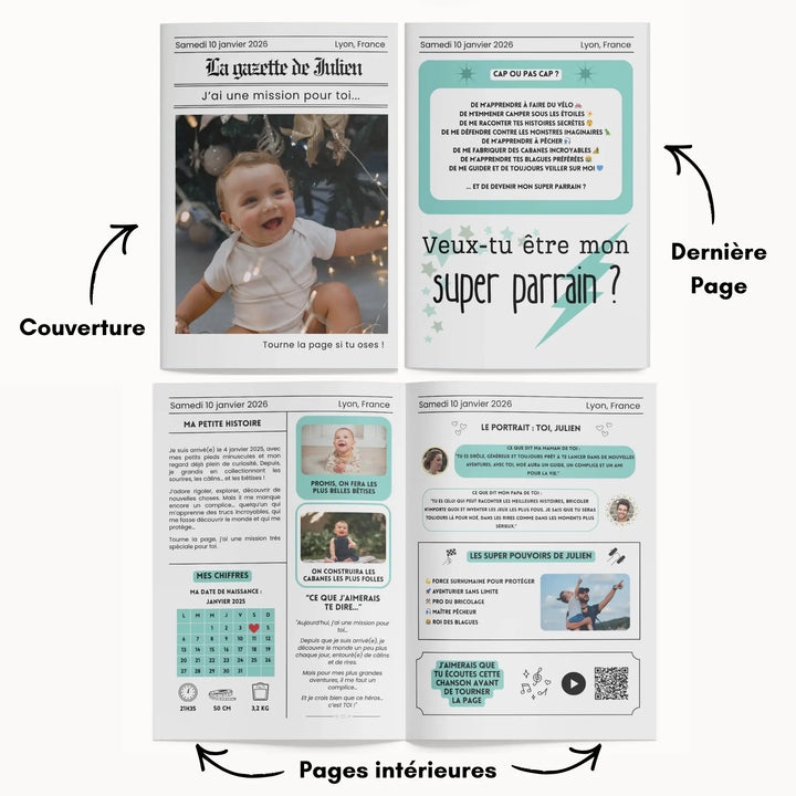 Infographie montrant les 4 pages de la gazette annonce parrain baptême personnalisée.