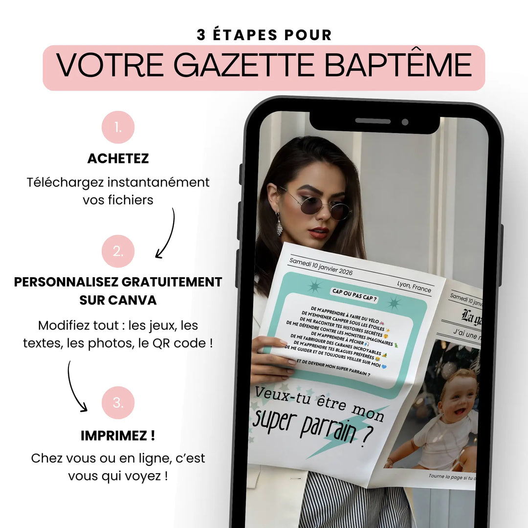 Mockup d’une affiche « 3 étapes pour votre gazette baptême » montrant une femme tenant une gazette personnalisée parrain, avec explications des étapes : achat, personnalisation sur Canva, puis impression.