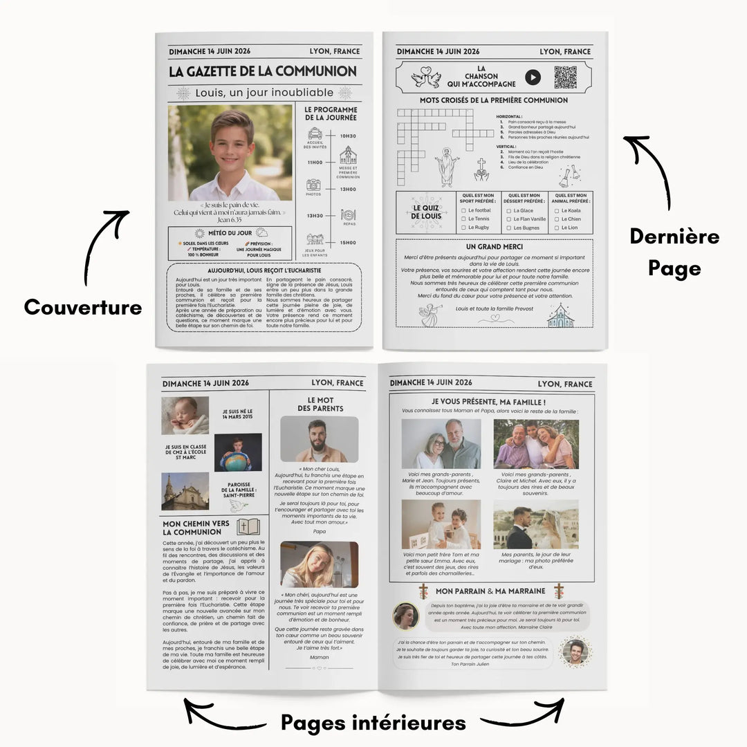 gazette première communion enfant personnalisée journal souvenir communion garçon fille modèle Canva à imprimer cadeau invité communion