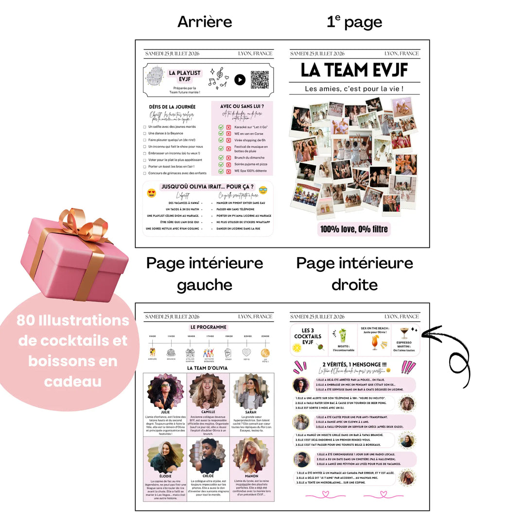 Aperçu complet de la Gazette EVJF fun  'La Team EVJF' en format 4 pages, comprenant la couverture avec mosaïque de photos, l’arrière avec playlist et défis, ainsi que les pages intérieures présentant le programme, les portraits de la team, le jeu '2 vérités, 1 mensonge' et des illustrations de cocktails, avec en bonus 80 visuels de boissons offerts.
