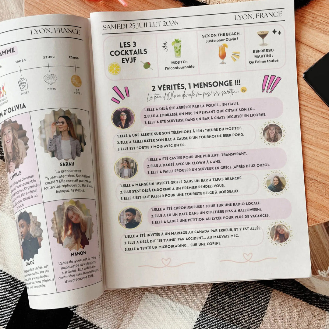 Une double page de la gazette evjf fun montrant les animations : 'Les 3 cocktails EVJF' suivis du jeu '2 vérités, 1 mensonge' avec les anecdotes amusantes de la Team de la future mariée, illustrées par les portraits des participantes.