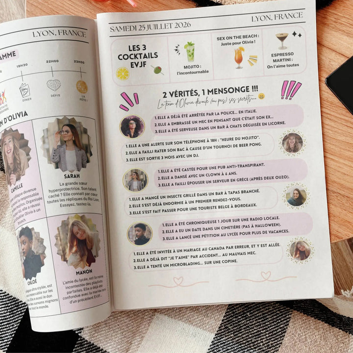 Une double page de la gazette evjf fun montrant les animations : 'Les 3 cocktails EVJF' suivis du jeu '2 vérités, 1 mensonge' avec les anecdotes amusantes de la Team de la future mariée, illustrées par les portraits des participantes.