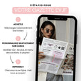 Charger l'image dans la visionneuse de la galerie, Visuel en trois étapes pour créer votre Gazette EVJF fun : acheter les fichiers, personnaliser sur Canva et imprimer. Sur l’écran d’un smartphone, une femme élégante portant des lunettes de soleil tient la Gazette EVJF fun 'La Team EVJF' avec ses rubriques jeux, playlist et mosaïque de photos.

