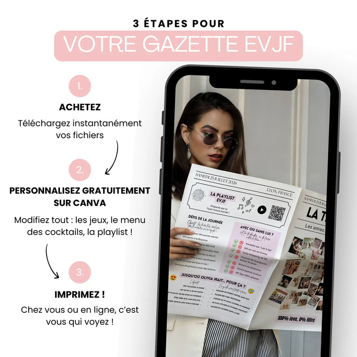 Visuel en trois étapes pour créer votre Gazette EVJF fun : acheter les fichiers, personnaliser sur Canva et imprimer. Sur l’écran d’un smartphone, une femme élégante portant des lunettes de soleil tient la Gazette EVJF fun 'La Team EVJF' avec ses rubriques jeux, playlist et mosaïque de photos.