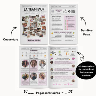 Description des 4 pages de la gazette EVJF Fun personnalisée, un cadeau personnalisable unique pour animer l'EVJF.