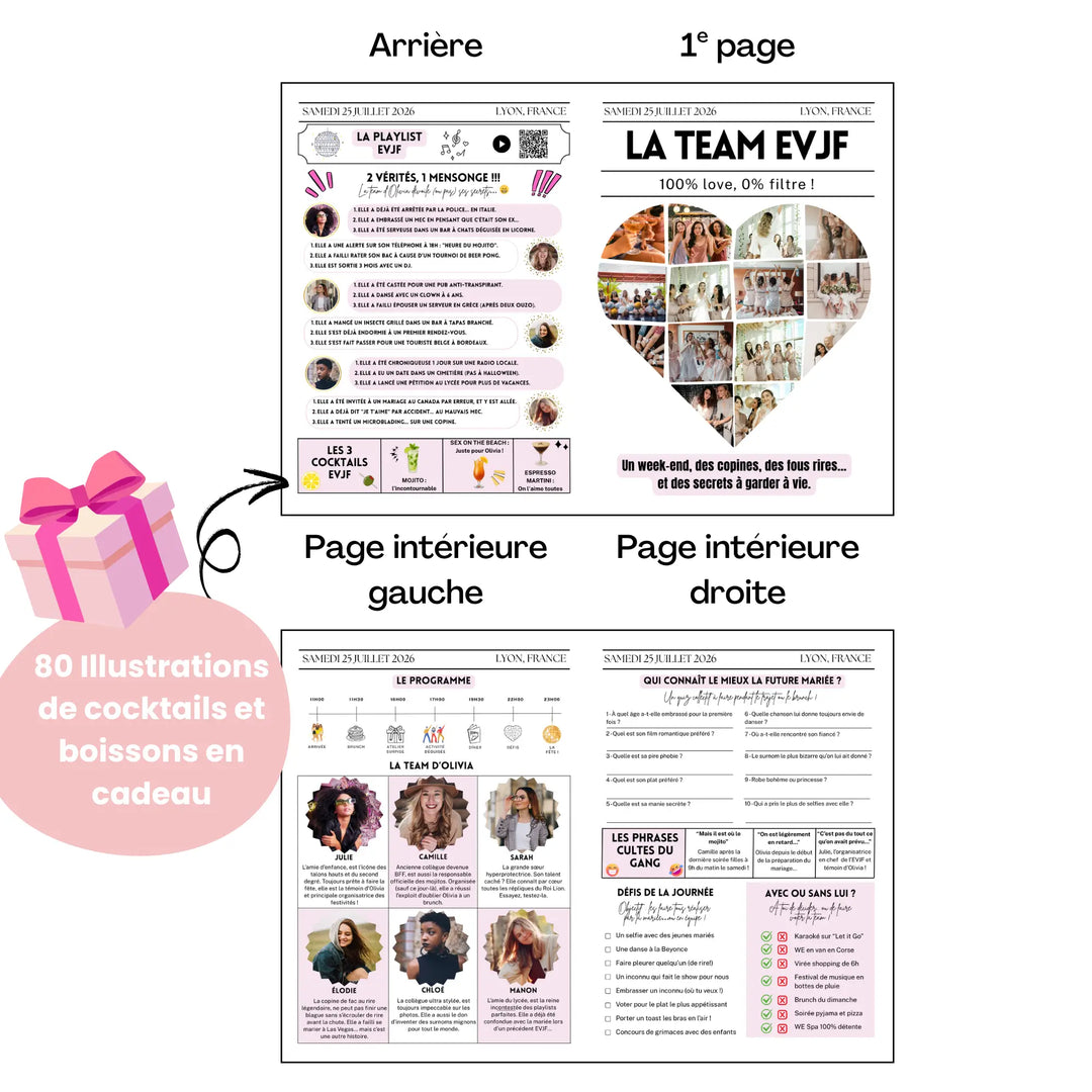 Aperçu de la Gazette EVJF Love en format 4 pages : couverture avec un grand cœur de photos souvenirs, page arrière avec playlist, jeu '2 vérités, 1 mensonge' et cocktails, ainsi que pages intérieures présentant le programme, les portraits de la team et un quiz ludique, avec en bonus 80 illustrations de cocktails et boissons offertes.