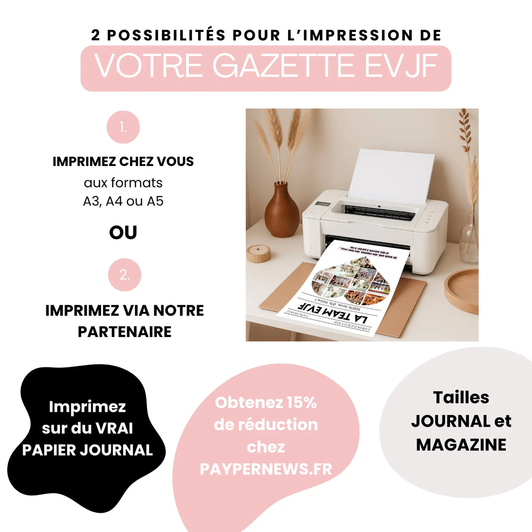 Visuel présentant deux options pour l’impression de votre Gazette EVJF Love  : imprimer chez soi aux formats A3, A4 ou A5, ou via un partenaire sur vrai papier journal, avec une réduction de 15%. Une imprimante domestique imprime la couverture avec un grand cœur composé de photos souvenirs.