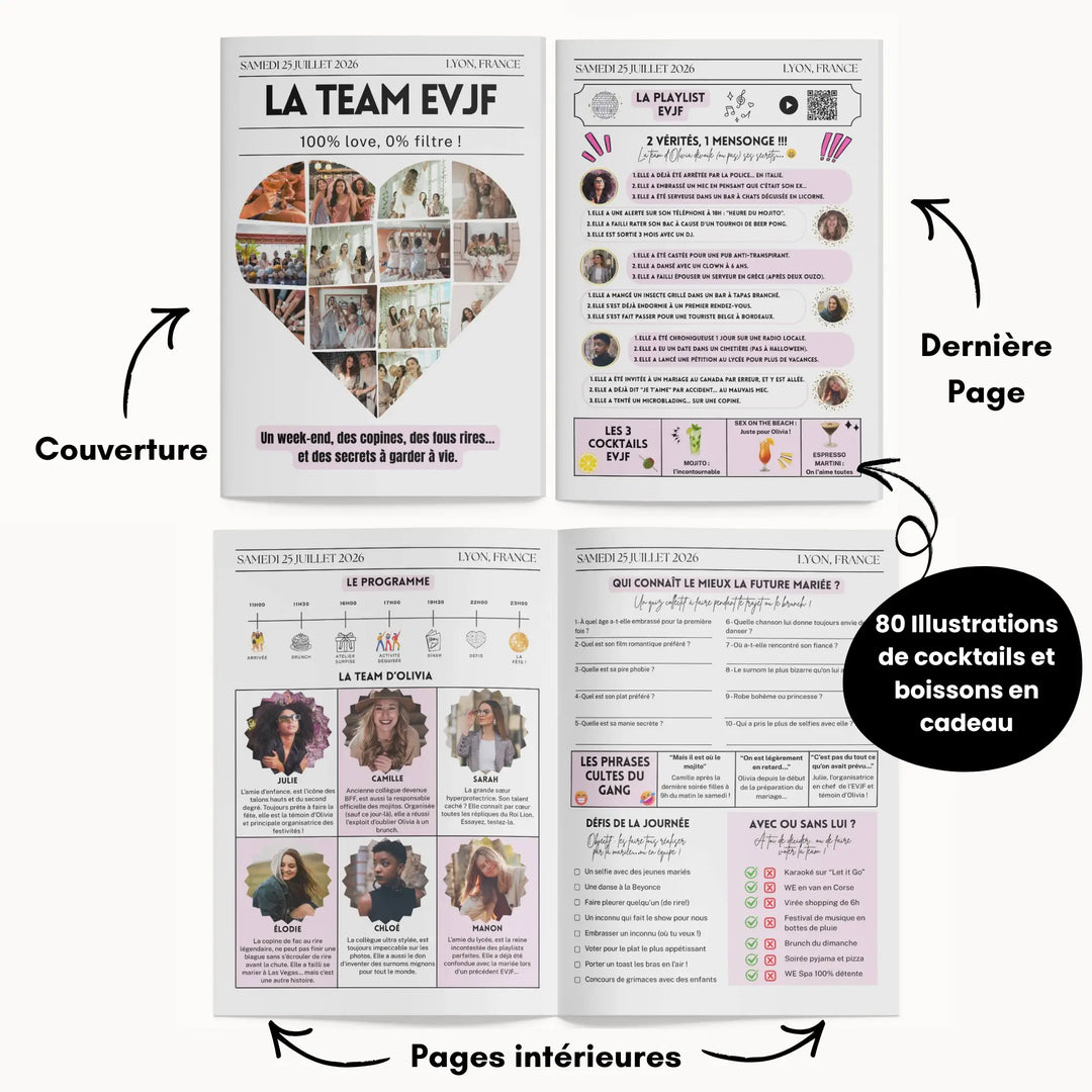 Description des 4 pages de la gazette EVJF Love personnalisée avec playlist, jeux, portraits de la team EVJF et cocktails.