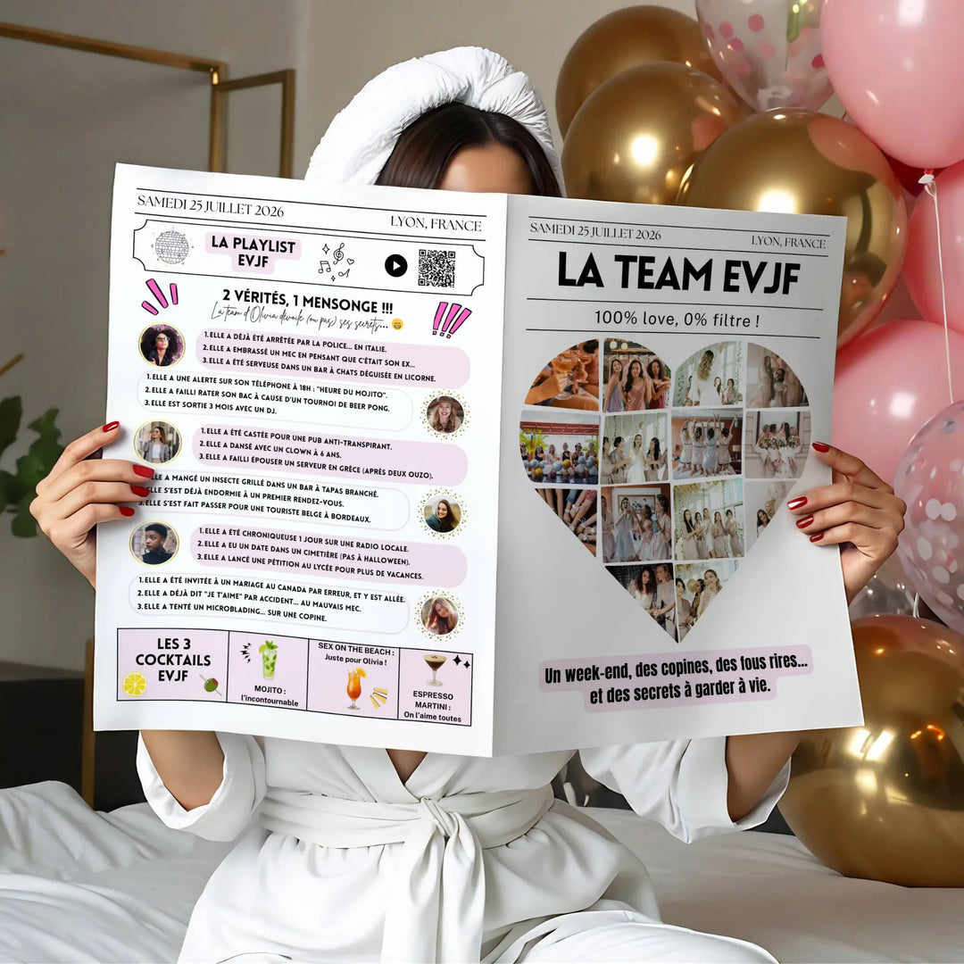 Photo d'une femme tenant un journal EVJF personnalisé pour animer l'EVJF et un souvenir pour toute la team EVJF.